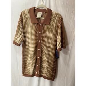 Massive Luxury Brown Beige Cotton Open Knit Stripe Casual Button Down Shirt M